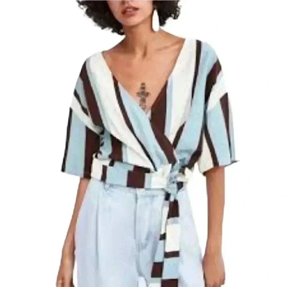 Zara Women's Blue/Cream/Brown Striped Cotton Poly Wrap Shirt